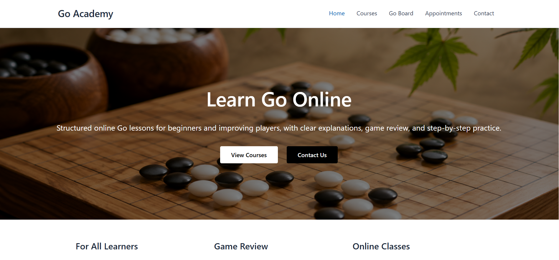 Go Academy homepage